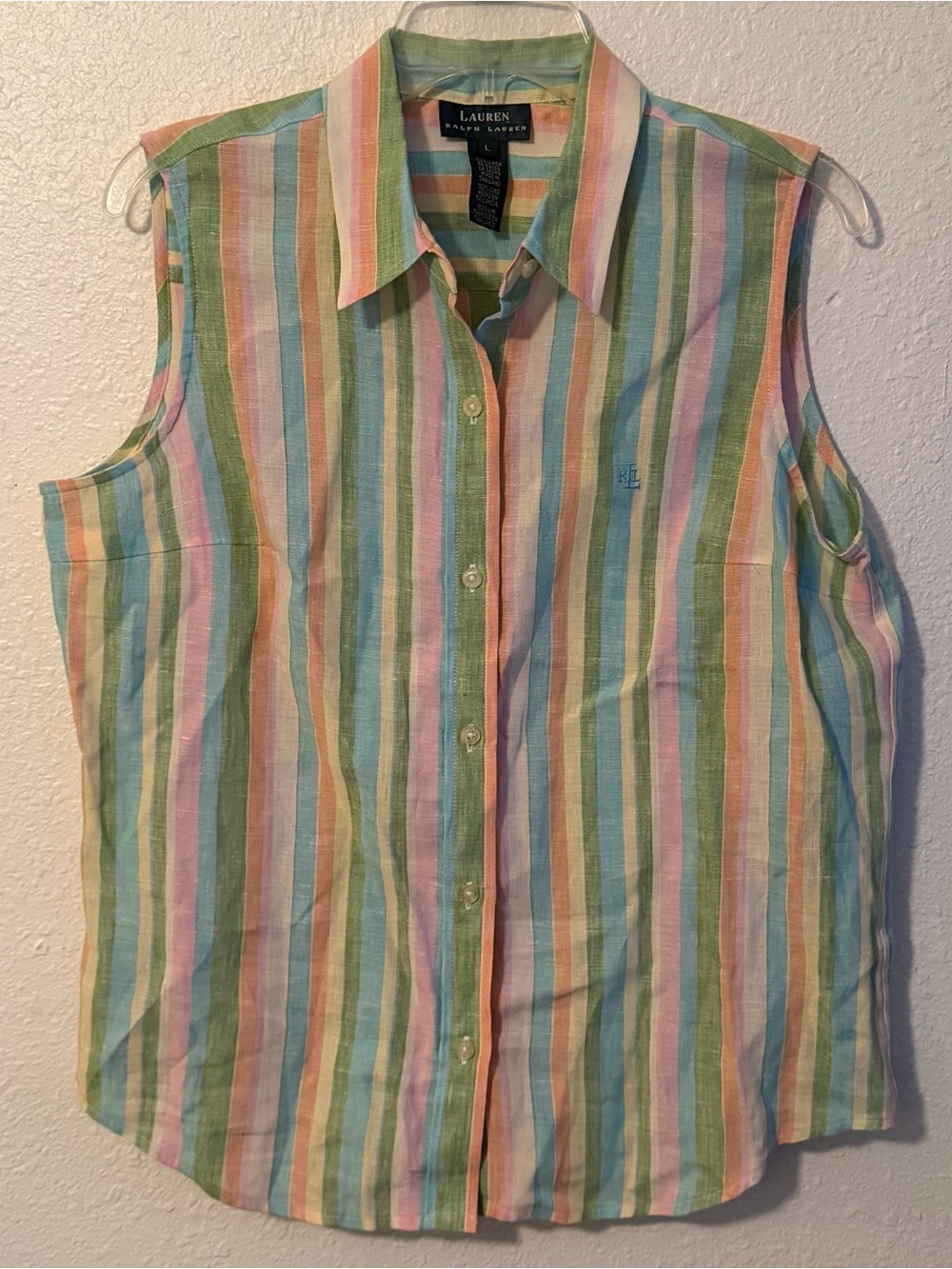 New With Tags Ralph Lauren 100% Linen Pastel Striped Blouse Size Large